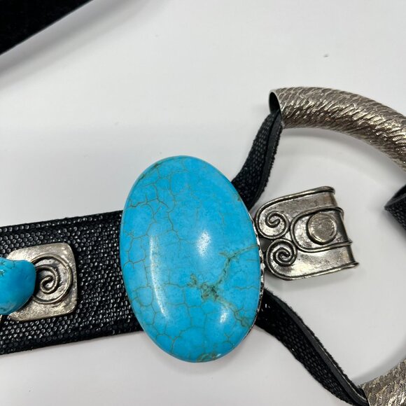 Adjustable Black, Silver & Turquoise Fashion Belt with Hook & Loop Western - Picture 3 of 9